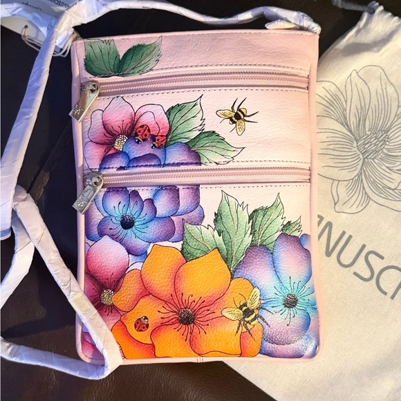 Anuschka Hand Painted Genuine Leather Floral Crossbody Bag - Picture 2 of 4